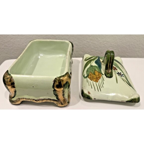 MCM Italy Hand Painted Trinket Dish Lidded Numbered Green Gold Vintage Rectangle - Picture 5 of 14